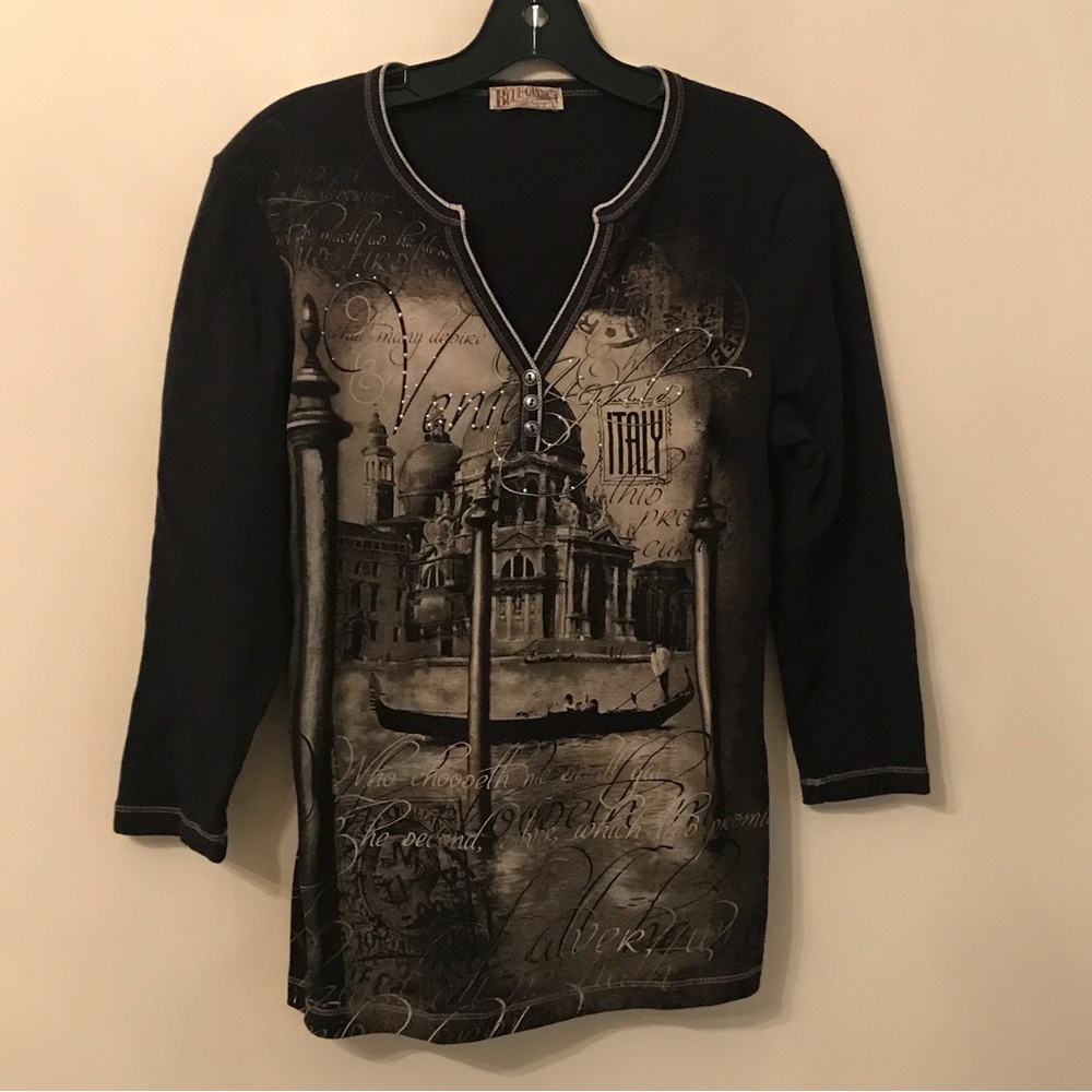 Blue Canyon Bejeweled Venice Italy City Scape Top